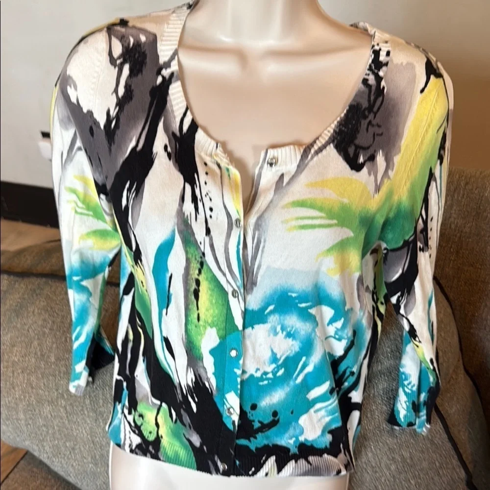 Express Blue and Yellow Graphic Cardigan with 3/4 Sleeves - Picture 1 of 3